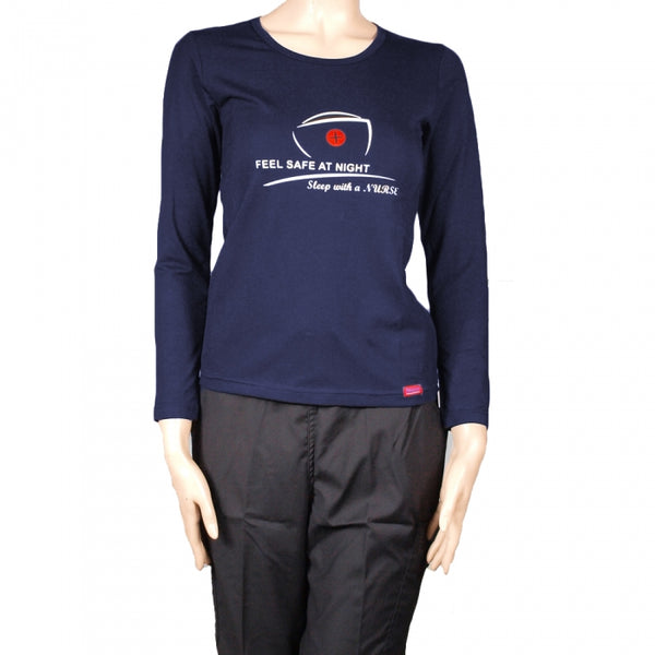 FEEL SAFE AT NIGHT SLEEP WITH A NURSE LONG SLEEVE T-SHIRT W/ HAT OUTLINE