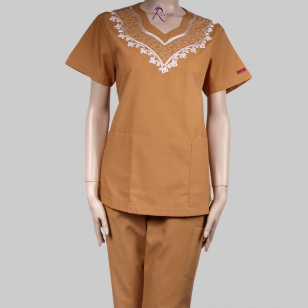 11010 - CURVY NECK MISSY SIZE EMBROIDERED SCRUB SET