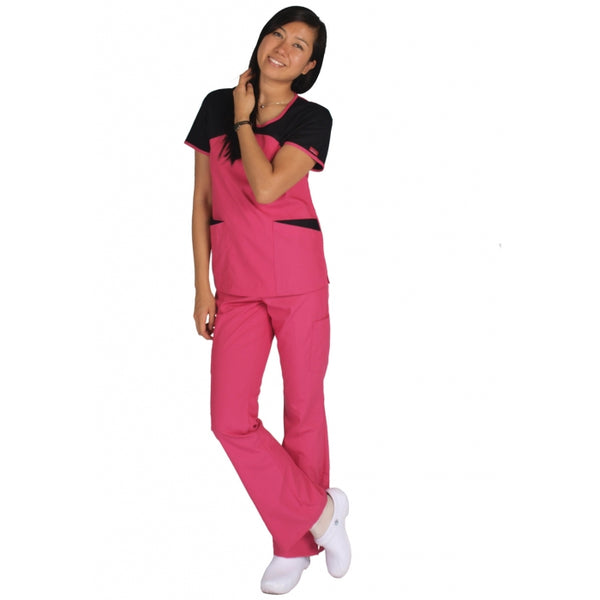 1239 - U-NECK CONTRAST COLOR SHOULDER AND POCKETS SCRUB SET