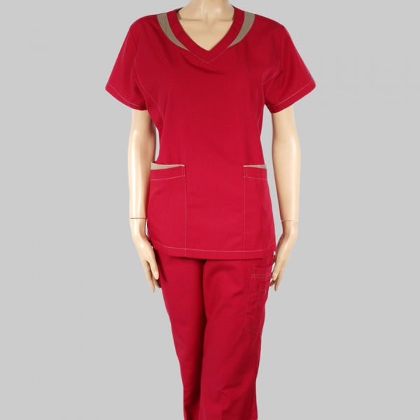 13427 2 tone V-neck top and Elastic Drawstring Cargo Pants Scrub Set