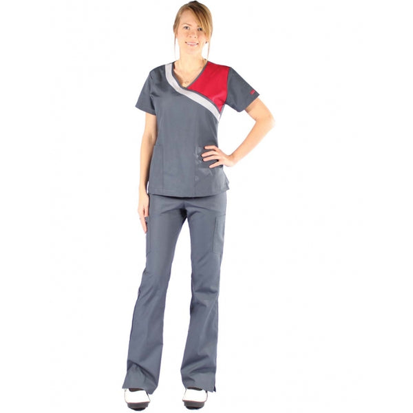 1365 - THREE TONE V-NECK MOCK WRAP SCRUB SET