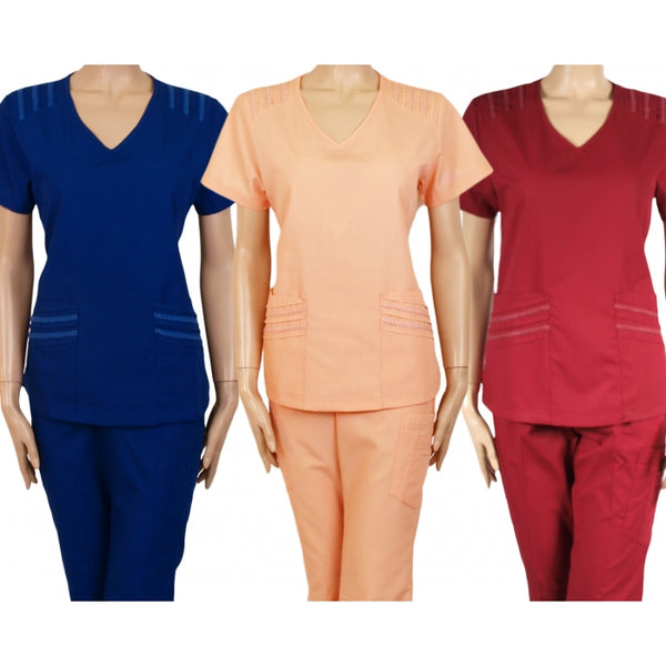 15674 - V-NECK PLEATING RIBBON COMBO DESIGN SCRUB SET