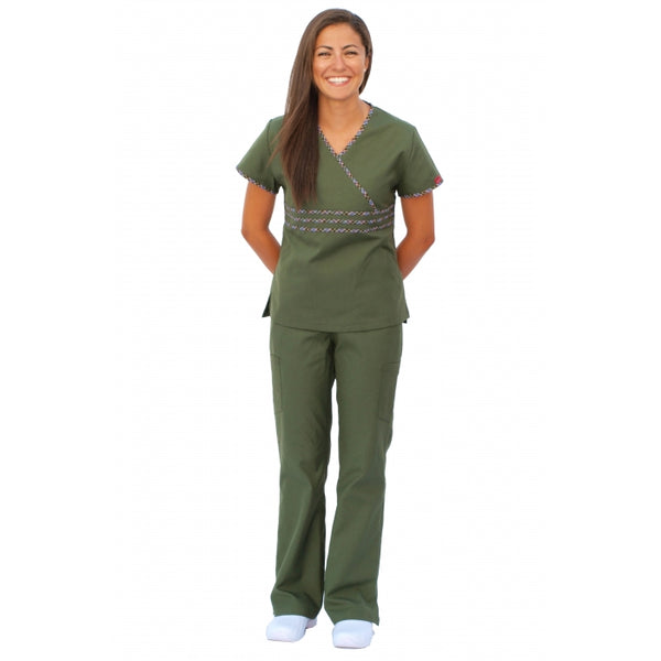 1704 -V-NECK PLAID MOCK WRAP SCRUB SET