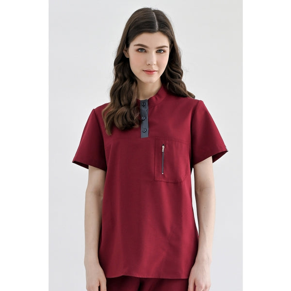 18011 - 2 TONE MANDARIN BUTTON COLLAR ZIP POCKET STRETCH SCRUB TOP