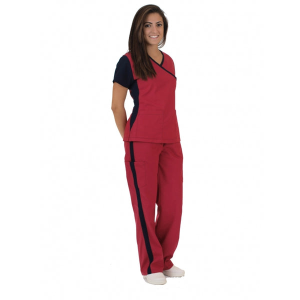 1839 - CONTRAST COLOR SLEEVE MOCK WRAP TOP WITH KNIT STRETCH SIDE PANELS AND MATCHING PANTS SCRUB SET