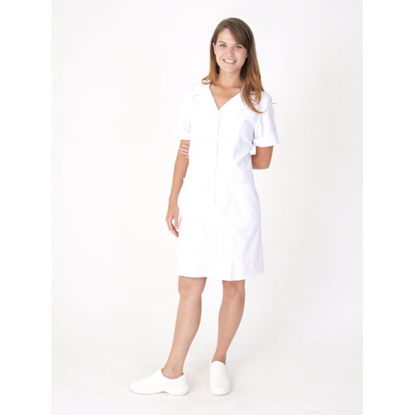 4194 - KNEE LENGTH 36 INCH WHITE NOTCHED LAPEL NURSE SCRUB DRESS