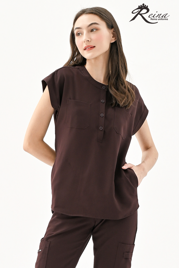 19084 - ROUND NECK TUNIC STRETCH TOP WITH 4 POCKETS
