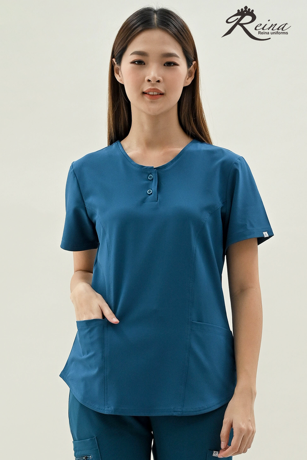 17804 - NOTCHED COLLAR V-NECK MOCK-WRAP STRETCH TOP WITH 2 POCKETS