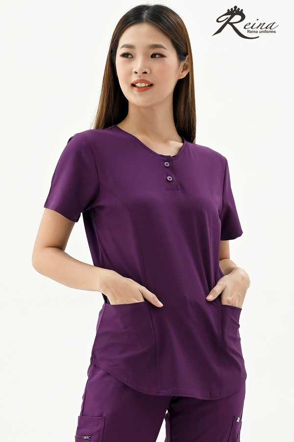 17642 - ROUND COLLAR STRETCH TOP WITH 2 BUTTONS AND 2 POCKETS