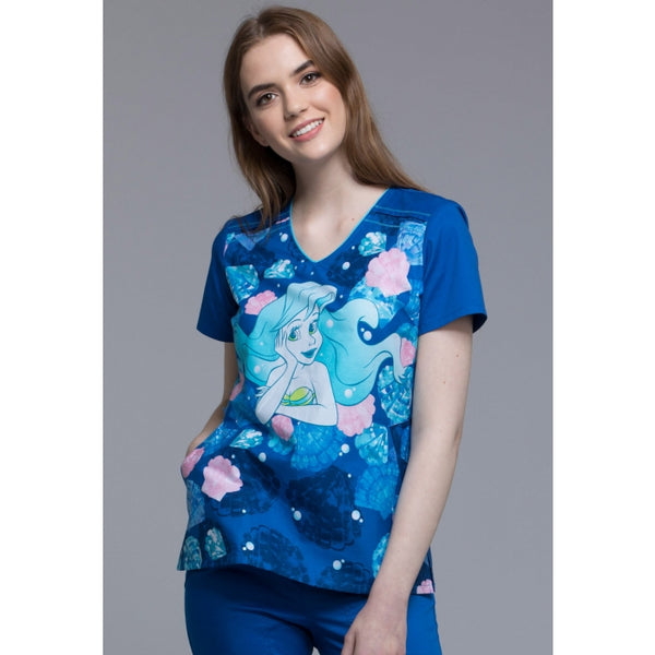 TOONIFORMS BY CHEROKEE WOMEN'S V-NECK TF608 PRLLC (PRINCES LITTLE MERMAID SHE SELLS SEASHELLS) SCRUB TOP