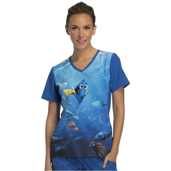 TOONIFORMS BY CHEROKEE WOMEN'S V-NECK TF627FNWW (FINDING NEMO WHALE WATCHING) SCRUB TOP