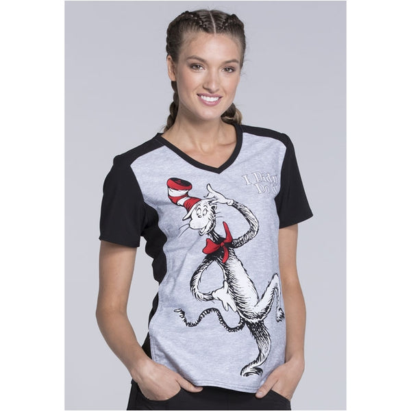 TOONIFORMS BY CHEROKEE WOMEN'S V-NECK TF637 SENT (DR SEUSS CAT IN THE HAT I DIDN'T DO IT) SCRUB TOP