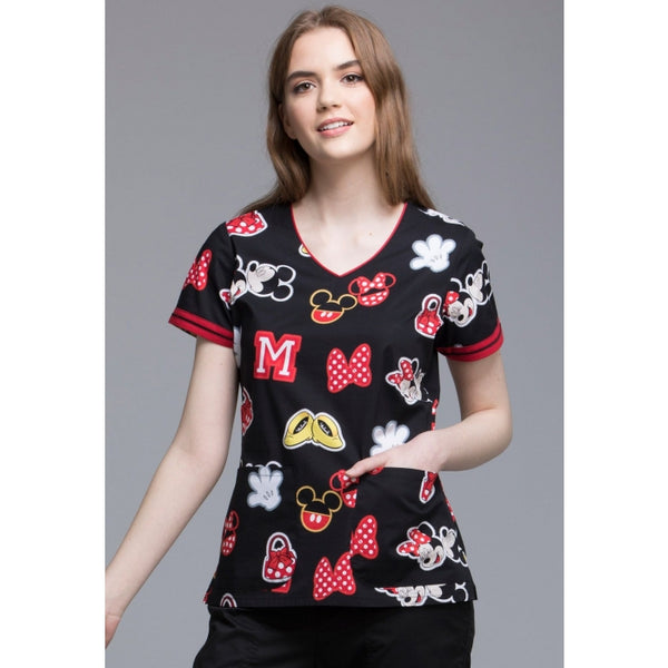 TOONIFORMS BY CHEROKEE WOMEN'S V-NECK TF644 MKPT (MICKEY AND MINNIE PATCHES) SCRUB TOP