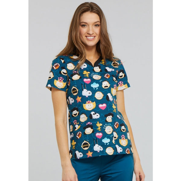 TOONIFORMS BY CHEROKEE WOMEN'S V-NECK TF646 PNOJ (PEANUTS EMOJI) SCRUB TOP