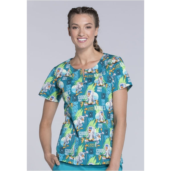 TOONIFORMS BY CHEROKEE WOMEN'S V-NECK TF654 LKVB (LION KING RAFIKKI GOOD VIBES) SCRUB TOP